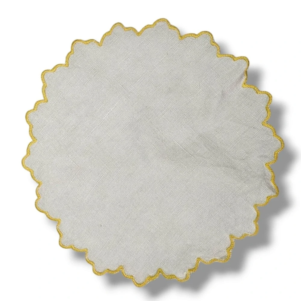 Vintage Round Linen Cocktail Tea Napkin Yellow Scalloped Edge White 10 Inch
